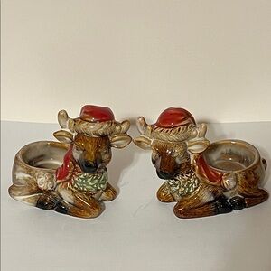 Vintage Christmas Glaze Reindeer Tea Light Holders. Left and Right. NWOT